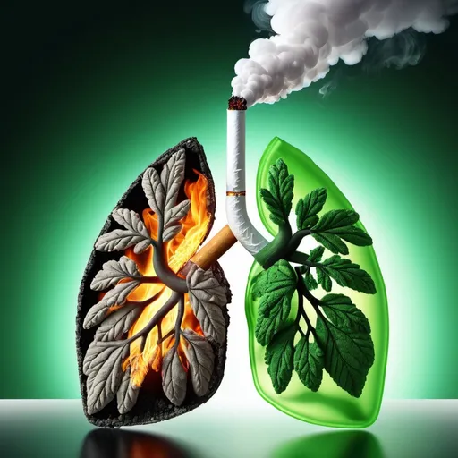 Prompt: digital illustration ,3d , anti tobacco, no smoking, healthy lung vs unhealthy charred lung, contrast between healthy lung and unhealthy lung ,healthy lung contains healthy green enviournment and city and unhealthy lung contain smoke and destroyed dark enviournment and burning city showing smookig kills, High Quality, Transparent background , digital art, 3d art, photo realistic, 