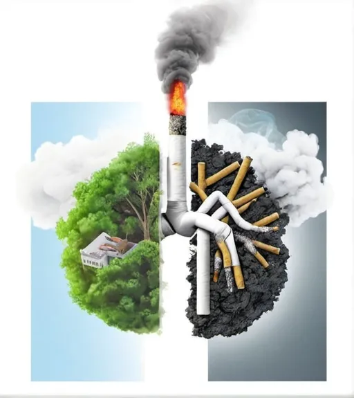 Prompt: digital illustration ,3d , anti tobacco, lungsone which contains healthy green enviournment and city and other lung contain smoke and destroyed enviournment and burning city showing smookig kills