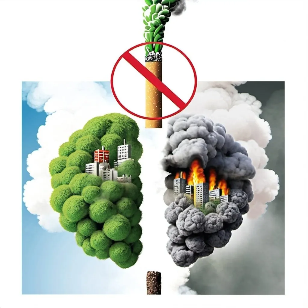 Prompt: digital illustration ,3d , anti tobacco, lungsone which contains healthy green enviournment and city and other lung contain smoke and destroyed enviournment and burning city showing smookig kills