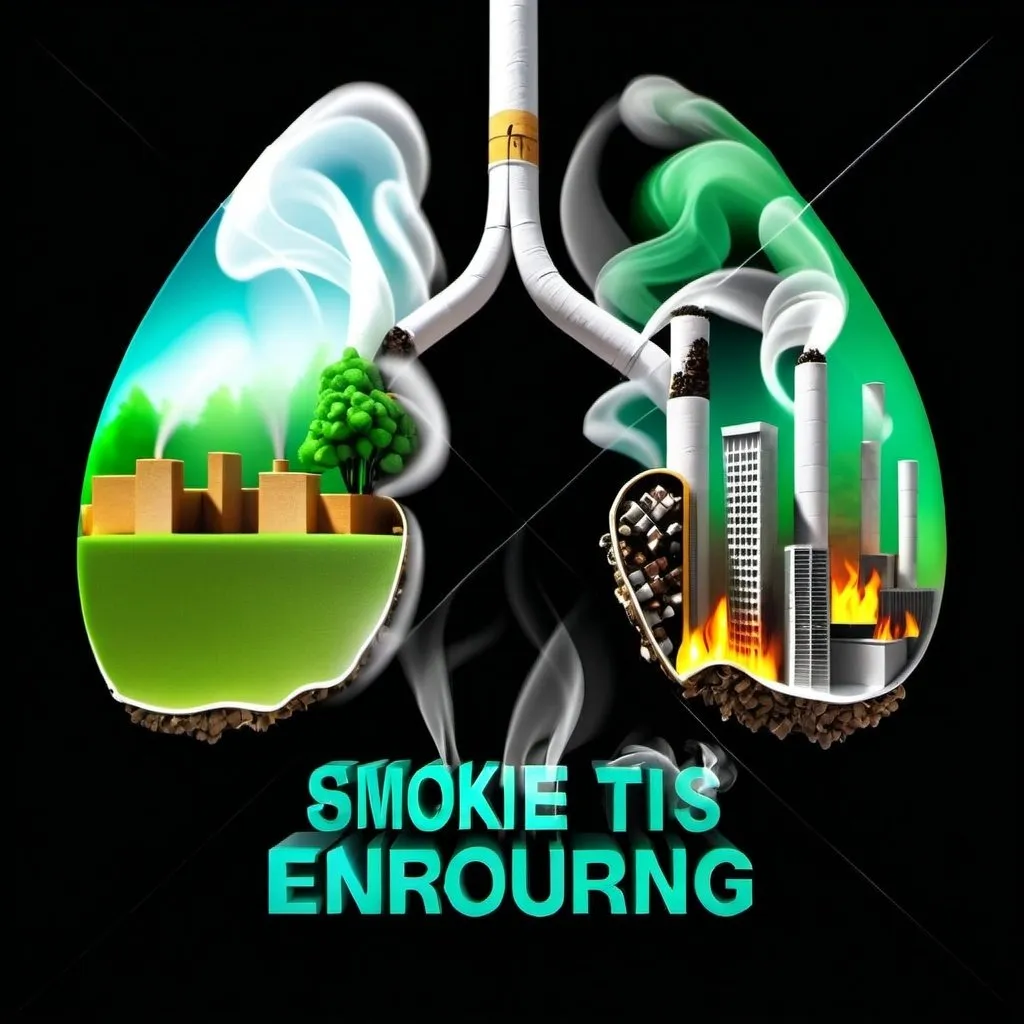 Prompt: digital illustration ,3d , anti tobacco, lungsone which contains healthy green enviournment and city and other lung contain smoke and destroyed enviournment and burning city showing smookig kills