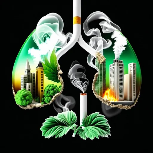 Prompt: digital illustration ,3d , anti tobacco, lungsone which contains healthy green enviournment and city and other lung contain smoke and destroyed enviournment and burning city showing smookig kills