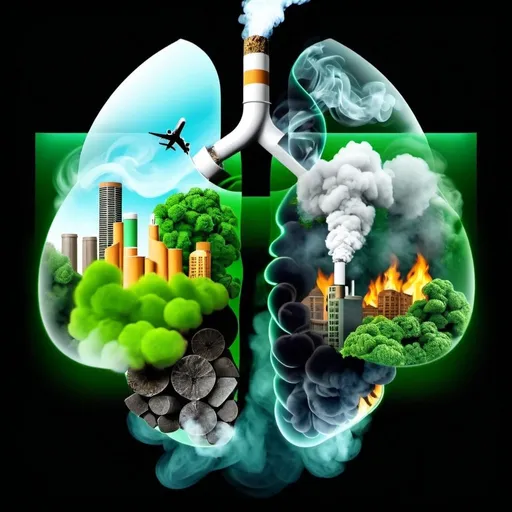 Prompt: digital illustration ,3d , anti tobacco, lungsone which contains healthy green enviournment and city and other lung contain smoke and destroyed enviournment and burning city showing smookig kills