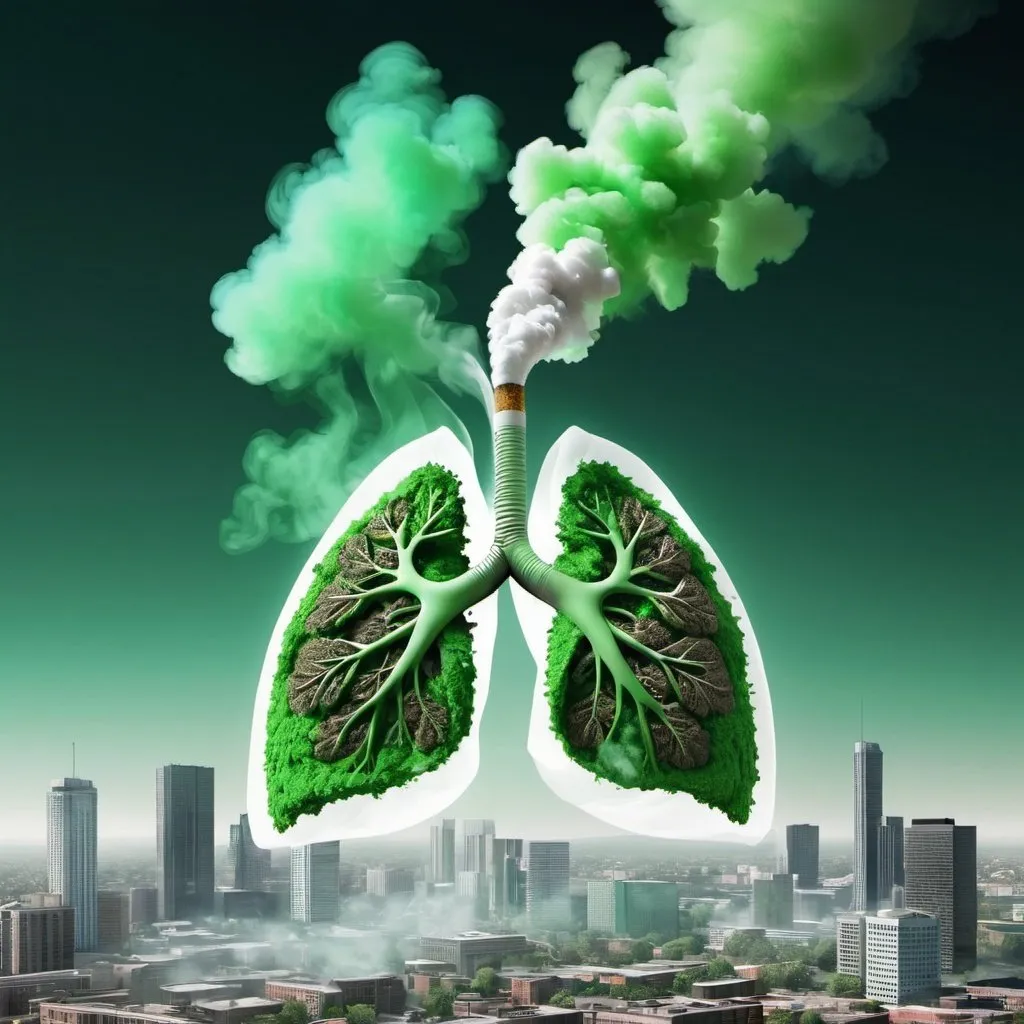 Prompt: digital illustration ,3d , anti tobacco, healthy lung vs smoke filled lung, healthy lung contains healthy green enviournment and city and unhealthy lung contain smoke and destroyed enviournment and burning city showing smookig kills, High Quality, Transparent background , digital art, 3d art, photo realistic, 