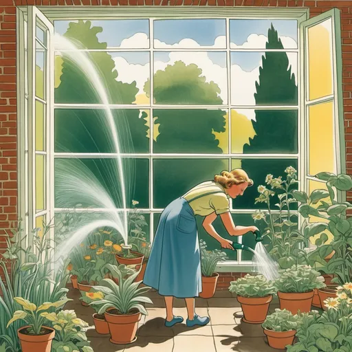 Prompt: a woman watering plants in a garden with a watering hose and a window behind her is a picture of a woman watering plants, Elinor Proby Adams, ecological art, promotional image, a storybook illustration