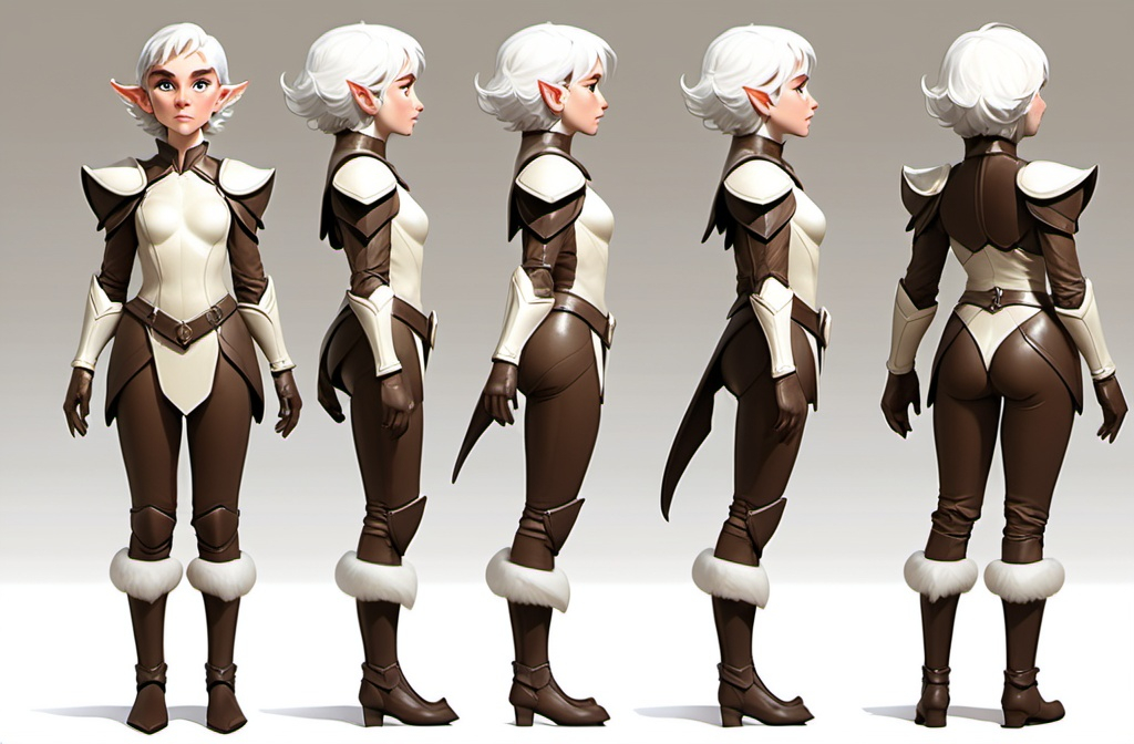 Prompt: masterwork, masterpiece, elf woman, cute face, leather elbow gloves, leather armor, short curly white hair, standing, character reference sheet, full body, character turn around, head-to-toe, front view, side view, back view, concept art, multiple views, white background, simple background, multiple views of the same character, model sheet, character sheet