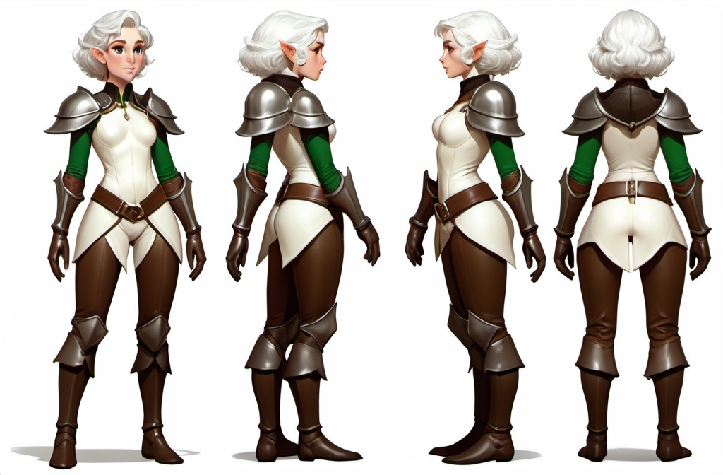 Prompt: masterwork, masterpiece, elf woman, cute face, curvy body, leather elbow gloves, leather armor, short curly white hair, standing, character reference sheet, full body, character turn around, head-to-toe, front view, side view, back view, concept art, multiple views, white background, simple background, multiple views of the same character, model sheet, character sheet