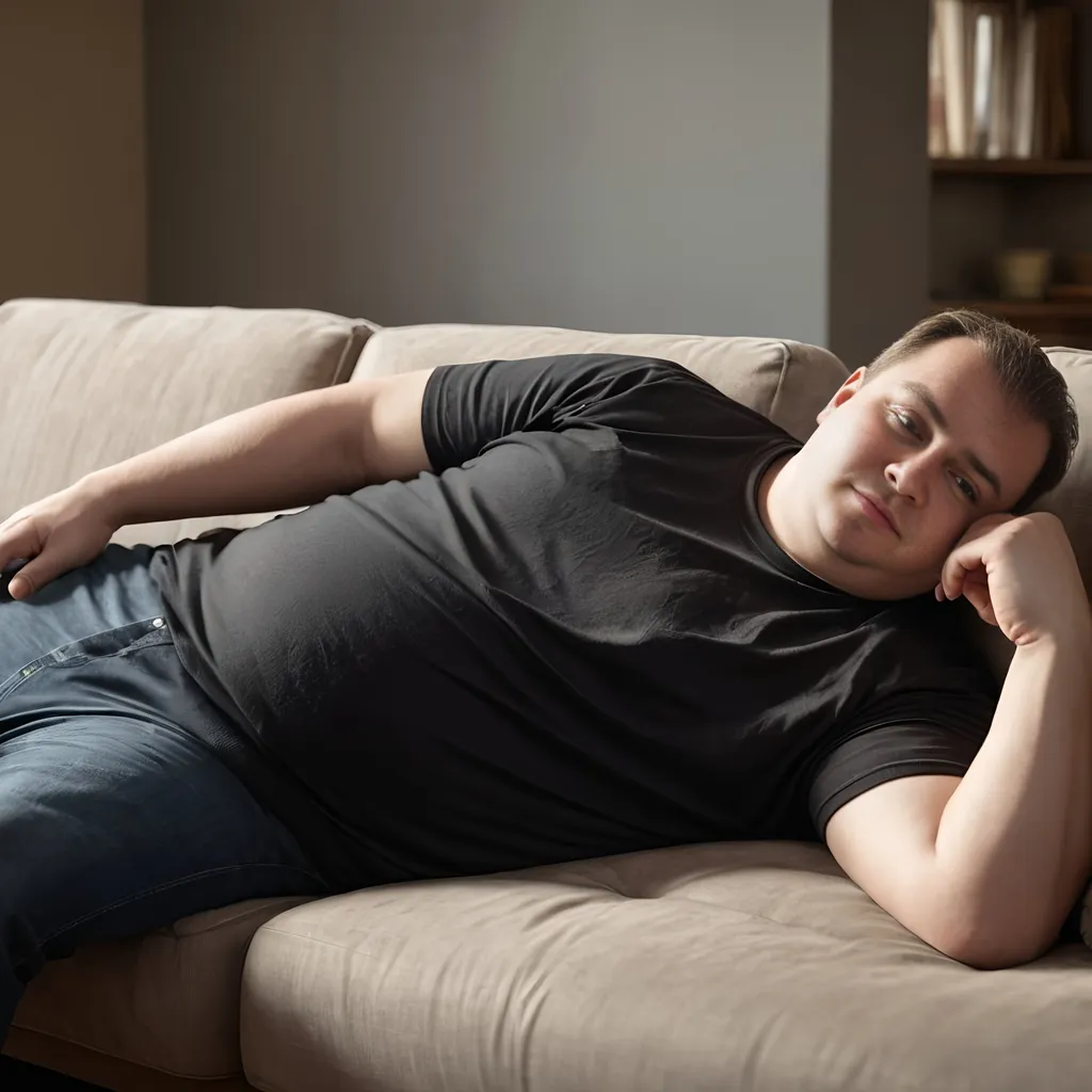 Prompt: Obese man in a black tshirt, laying down on a couch, realistic, natural lighting, detailed clothing, realistic lighting, comfortable setting, indoor scene, high quality, naturalistic, detailed fabric, cozy atmosphere, comfortable pose