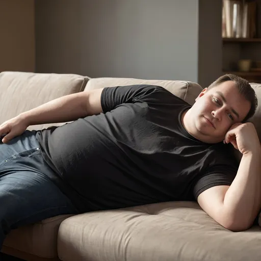 Prompt: Obese man in a black tshirt, laying down on a couch, realistic, natural lighting, detailed clothing, realistic lighting, comfortable setting, indoor scene, high quality, naturalistic, detailed fabric, cozy atmosphere, comfortable pose