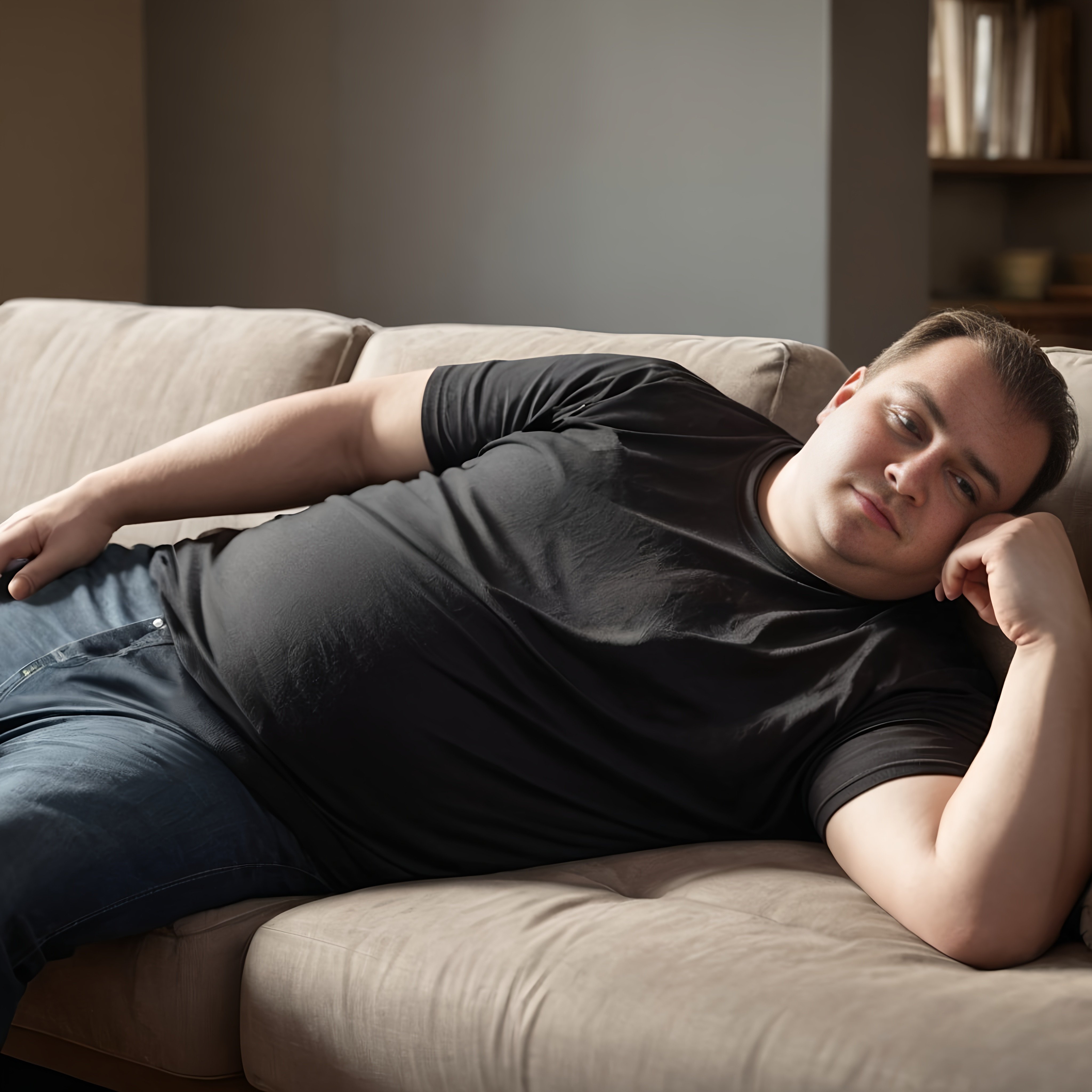 Obese man in a black tshirt, laying down on a couch,...