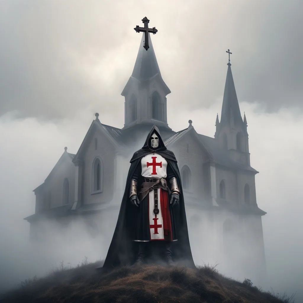 Prompt: TEMPLAR SURROUNDED BY DEMONS WITH A CROSS ON TOP OF A CHURCH ON A HILL WITH FOG EVERYWHERE