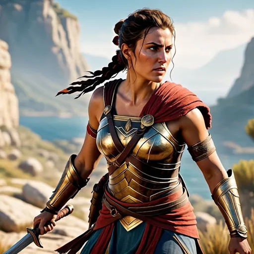 Prompt: Kassandra from Assassins Creed Odyssey, with her hair in a ponytail, in weathered Spartan armor, attacking with her Spartan sword, around ancient Sparta cliffs, with an angry look, looking off to the side, realistic
Approximately 26 years old, embodying beauty, use a lens that enhances her features in a soft yet vivid light, aiming for a mood that's uplifting and serene, with lighting that feels gentle and flattering. The color grading should enhance the natural warmth and depth of her features, spectacular scene with exceptional clarity in 4K