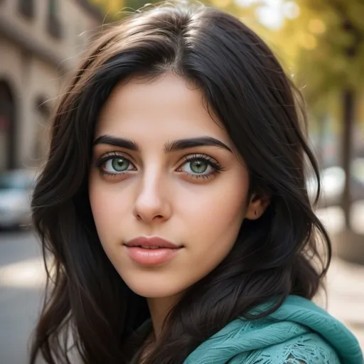 Prompt: Capture a highly realistic portrait of a young Iranian woman, approximately 28 years old, embodying beauty and cuteness. Her eyes should be sea green, and her black hair slightly curly, leaning towards a natural appearance. The style should evoke the natural elegance and warmth found in the everyday, emphasizing details like her natural skin texture, eye color, and engaging eye contact. Use a lens that enhances her features in a soft yet vivid light, aiming for a mood that's uplifting and serene, with lighting that feels gentle and flattering. The color grading should enhance the natural warmth and depth of her features