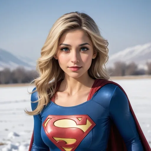 Prompt: A wide full body shot of a beautiful Supergirl, physically fit, with blonde hair, approximately 28 years old, embodying beauty and cuteness, wearing a black and blue weathered outfit, hovering above a snowy field, Capture a highly realistic portrait of a young Iranian woman, approximately 28 years old, embodying beauty and cuteness, use a lens that enhances her features in a soft yet vivid light, aiming for a mood that's uplifting and serene, with lighting that feels gentle and flattering. The color grading should enhance the natural warmth and depth of her features,
spectacular scene with exceptional clarity in 8K
