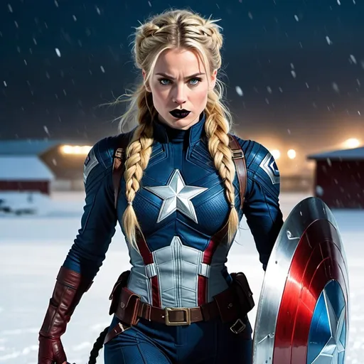 Prompt: A full body shot of a beautiful Scottish female Captain America from marvel comics, with blue eyes, with black lipstick, physically fit, with long French braided blonde hair, holding her shield, prowling around a snowy airfield in Alaska at night, with an angry look, looking off to the side, realistic. Approximately 24 years old, embodying beauty, use a lens that enhances her features in a soft yet vivid light, aiming for a mood that's uplifting and serene, with lighting that feels gentle and flattering. The color grading should enhance the natural warmth and depth of her features, spectacular scene with exceptional clarity in 4K