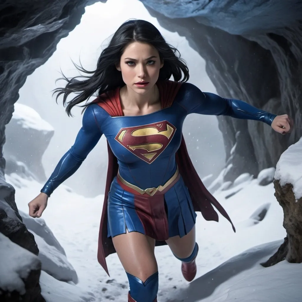 Prompt: A wide full body shot of Supergirl, with black hair and blue streaks, wearing a black and blue weathered outfit, slamming into the ground with her hand in a snowy mountain cave, realistic
