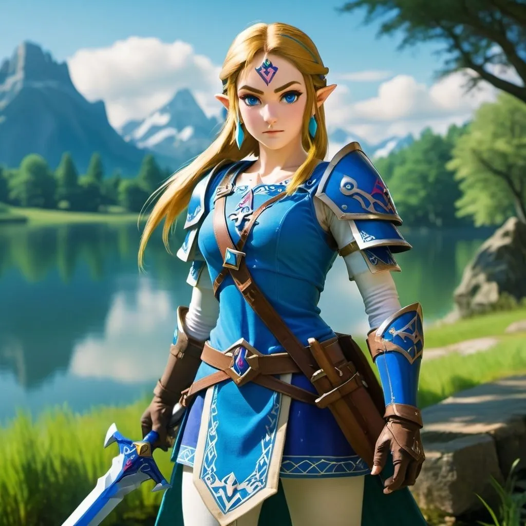 Prompt: Zelda wearing blue armor, holding the Master Sword, prowling near Lake Hylia from legend of Zelda, embodying beauty, use a lens that enhances her features in a soft yet vivid light, aiming for a mood that's uplifting and serene, with lighting that feels gentle and flattering. The color grading should enhance the natural warmth and depth of her features, spectacular scene with exceptional clarity in 8K