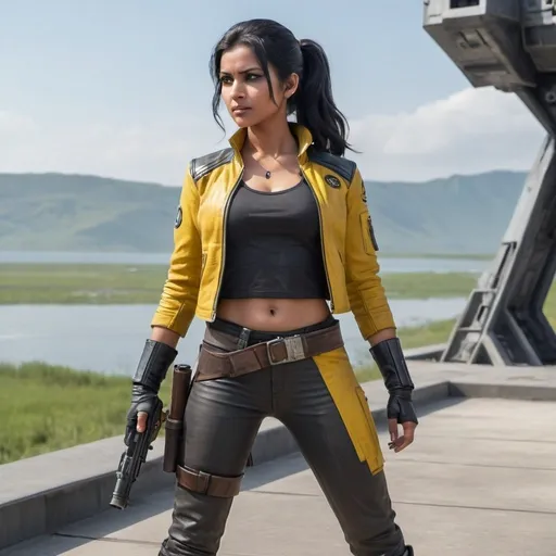 Prompt: A full body shot of a beautiful physically fit Indian female Rebel Alliance, with black hair and yellow highlights in a ponytail, wearing a yellow top and a weathered black leather jacket with black pants, with a silver necklace, in action with a blaster pistol in one hand, near a rebel spaceport on a lake on the grassy planet Alderaan, with TIE fighters in the distance, with a confident look, looking off to the side, realistic
