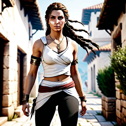 Prompt: Kassandra from Assassins Creed Odyssey, with long hair, in a white top and black yoga pants, prowling around the streets of ancient Sparta, looking off to the side
