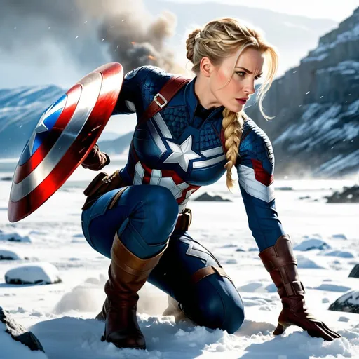 Prompt: A full body shot of a beautiful female Captain America from Marvel comics, with black eye shadow, physically fit, in a worn plated outfit, with blonde hair in a French braid, kneeling on one knee, carrying her shield, around a snowy battlefield with explosions all around, on Norway beaches in the future, with an angry look, looking down at the ground, realistic. Approximately 25 years old, embodying beauty, 4K