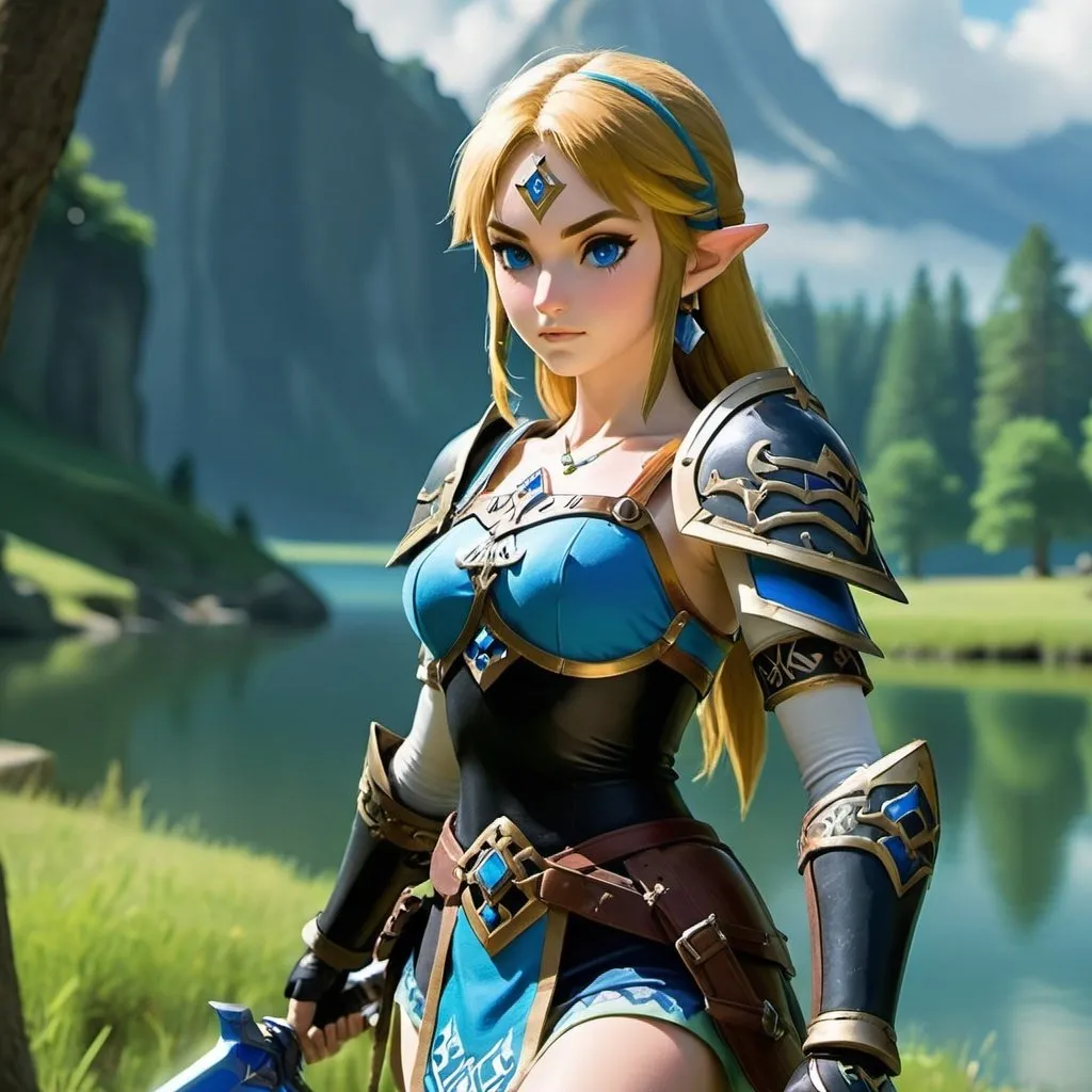 Prompt: Zelda wearing blue and black skimpy armor, holding the Master Sword, prowling near Lake Hylia from legend of Zelda, embodying beauty, use a lens that enhances her features in a soft yet vivid light, aiming for a mood that's uplifting and serene, with lighting that feels gentle and flattering. The color grading should enhance the natural warmth and depth of her features, spectacular scene with exceptional clarity in 8K