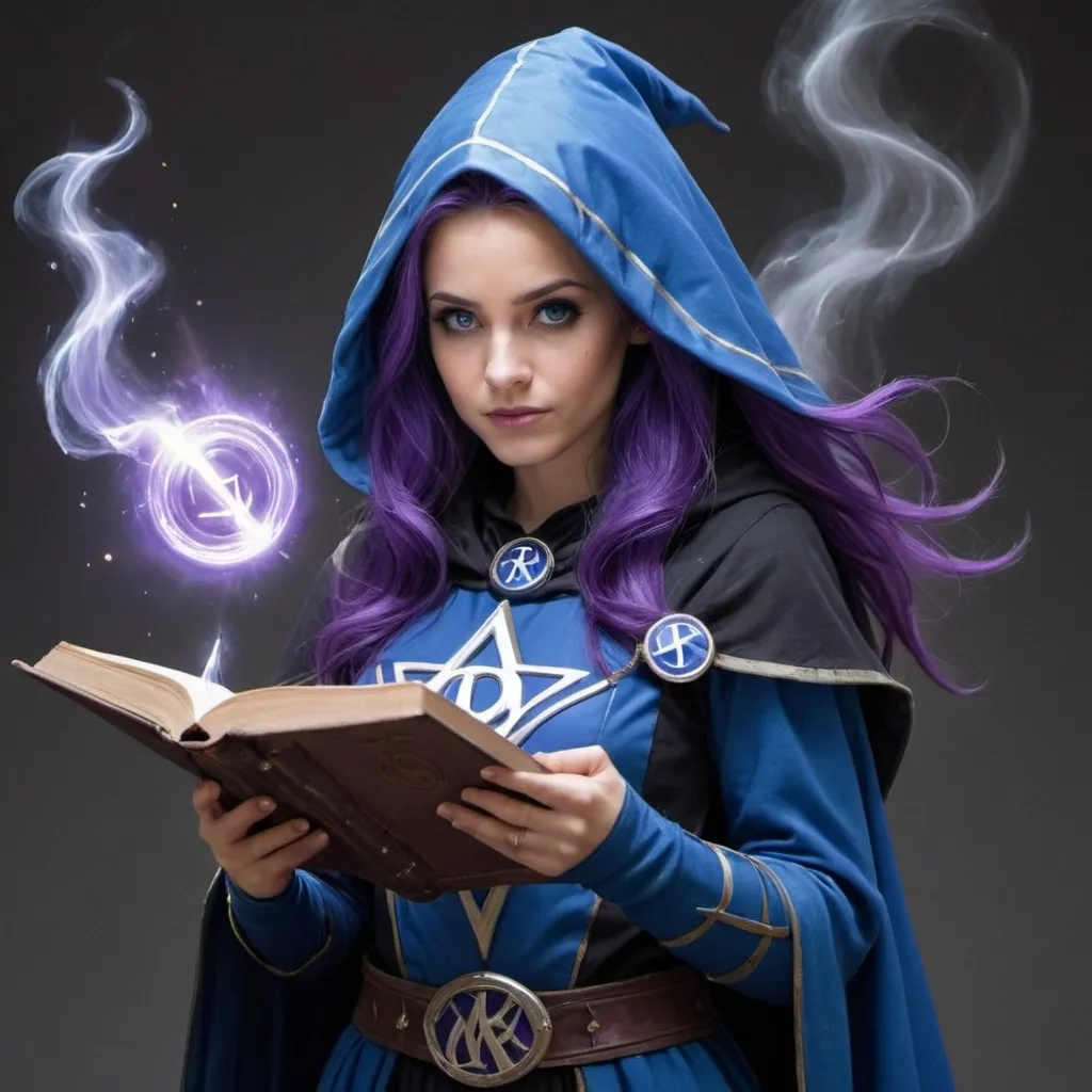 Prompt: A human, female wizard in her late 20's dressed in a blue ranger outfit with a cape and a symbol of the Harpers. She also has long, purple hair with a hood up. She is also casting a spell out of a spell book. Her eyes are also purple. 
