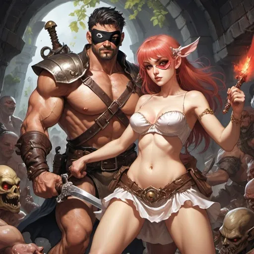 Prompt:  A ultra masculine hero with an eye patch on the left side defending a scantily dress maiden from raiding goblins