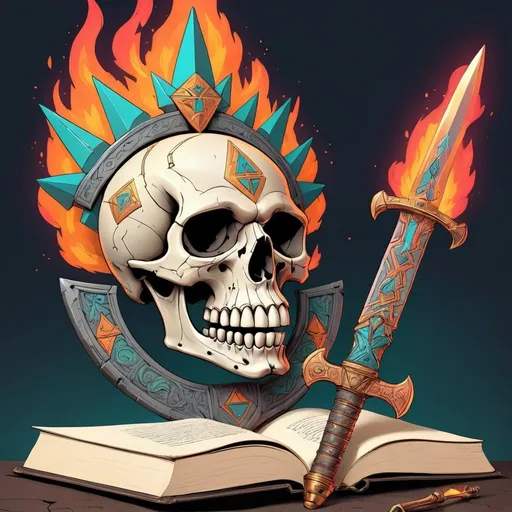 Prompt: Logo design ,cast iron sword, with skull shaped ball on the handle, skull should be on fire. include book, ancient manuscript aesthetic,  intricate details, clean lines, , skull,  book, Latin inscription, eye of providence, pyramid, geometric ornaments... 