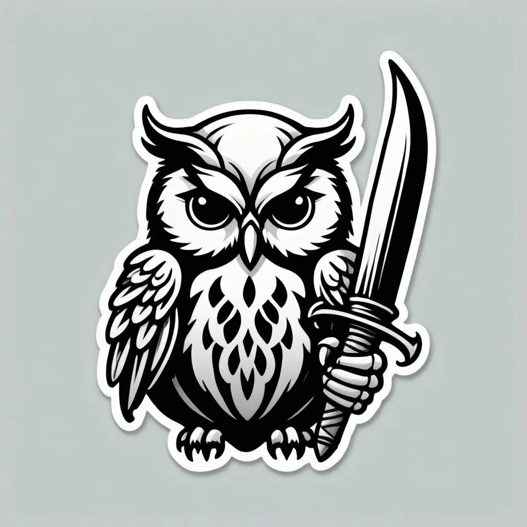 Prompt: Logo design depicting an owl wielding a sword, skull, candle, and book, minimalist line art, bold and authoritative, ancient manuscript aesthetic, high contrast, black and white, intricate details, clean lines, professional, symbolic, authoritative, intricate linework, owl, sword, skull, candle, book, high contrast, clean lines, ancient manuscript, minimalist, professional