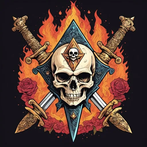 Prompt: Logo design ,cast iron sword, with skull shaped pommel on the handle, skull should be on fire. include book,  Latin inscription, eye of providence, pyramid, geometric ornaments... 