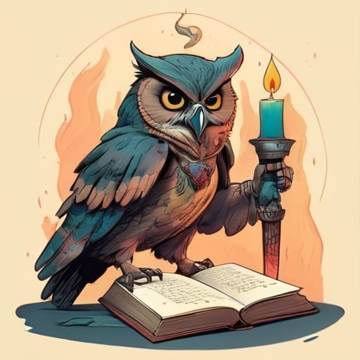 Prompt: Logo design ,owl wielding a sword, skull, candle, and book, ancient manuscript aesthetic,  intricate details, clean lines, , symbolic, authoritative, intricate linework, owl, sword, skull, candle, book, Latin inscription, eye of providence, pyramid... ancient manuscript,