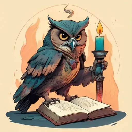 Prompt: Logo design ,owl wielding a sword, skull, candle, and book, ancient manuscript aesthetic,  intricate details, clean lines, , symbolic, authoritative, intricate linework, owl, sword, skull, candle, book, Latin inscription, eye of providence, pyramid... ancient manuscript,