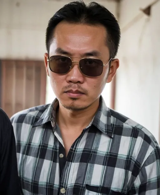 Prompt: a man wearing sunglasses and a plaid shirt is looking at the camera with a serious look on his face, Feng Zhu, sumatraism, phuoc quan, a character portrait