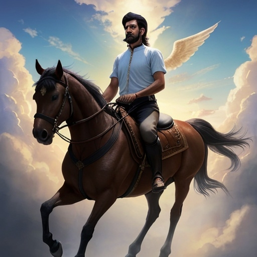 Prompt: a guy riding a horse in a heaven to get  a messaiah and OUR father GOD