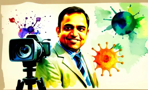 Prompt: watercolour creative image with help of reference image attached- I am a soft spoken and intelligent man, I am a strategy head in an Indian Pharma company Add camera, colourful bits, nature, pharma products in the background as hobby