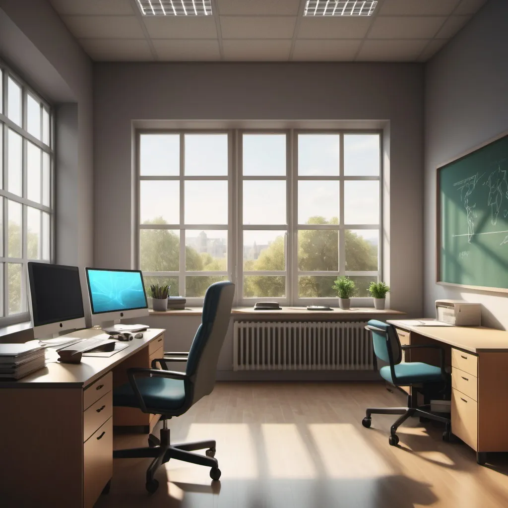 Prompt: a teacher office in university with a desk and chairs and one window with a view of the outside of the room, vfx, a stock photo