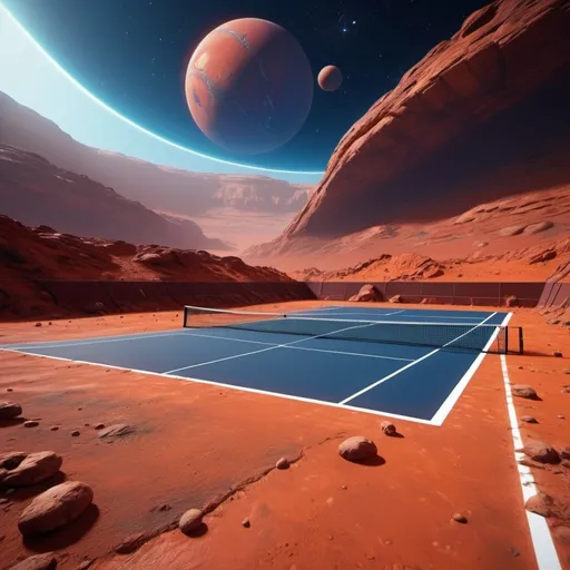 Prompt: (realism style), a stunning tennis court on Mars, (cool color scheme), red rocky terrain, majestic Martian landscape, deep blue sky with stars, atmospheric perspective, ultra-detailed features, vibrant tennis net, dynamic shadows playing across the court, intriguing extraterrestrial elements, high quality 4K, cosmic ambiance, futuristic and adventurous setting.