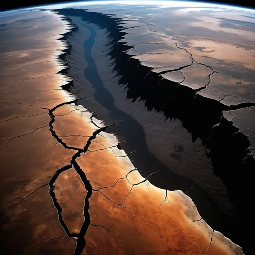 Prompt: (dramatic view of earth from space), (arid landscape), barren land, vivid colors, deep contrast, striking details, stark atmosphere, high-definition, celestial black backdrop, cosmic setting, breathtaking perspective, no water depicted, highlighting cracks in the surface, realistic depiction, intriguing visual, profound emptiness, captivating image