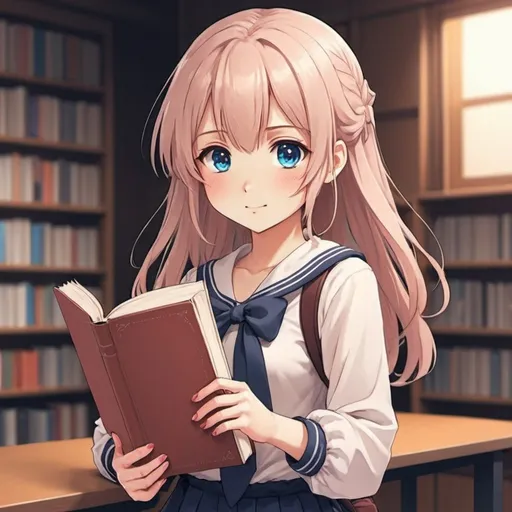 Prompt: A cute anime girl holding a book for notebook cover