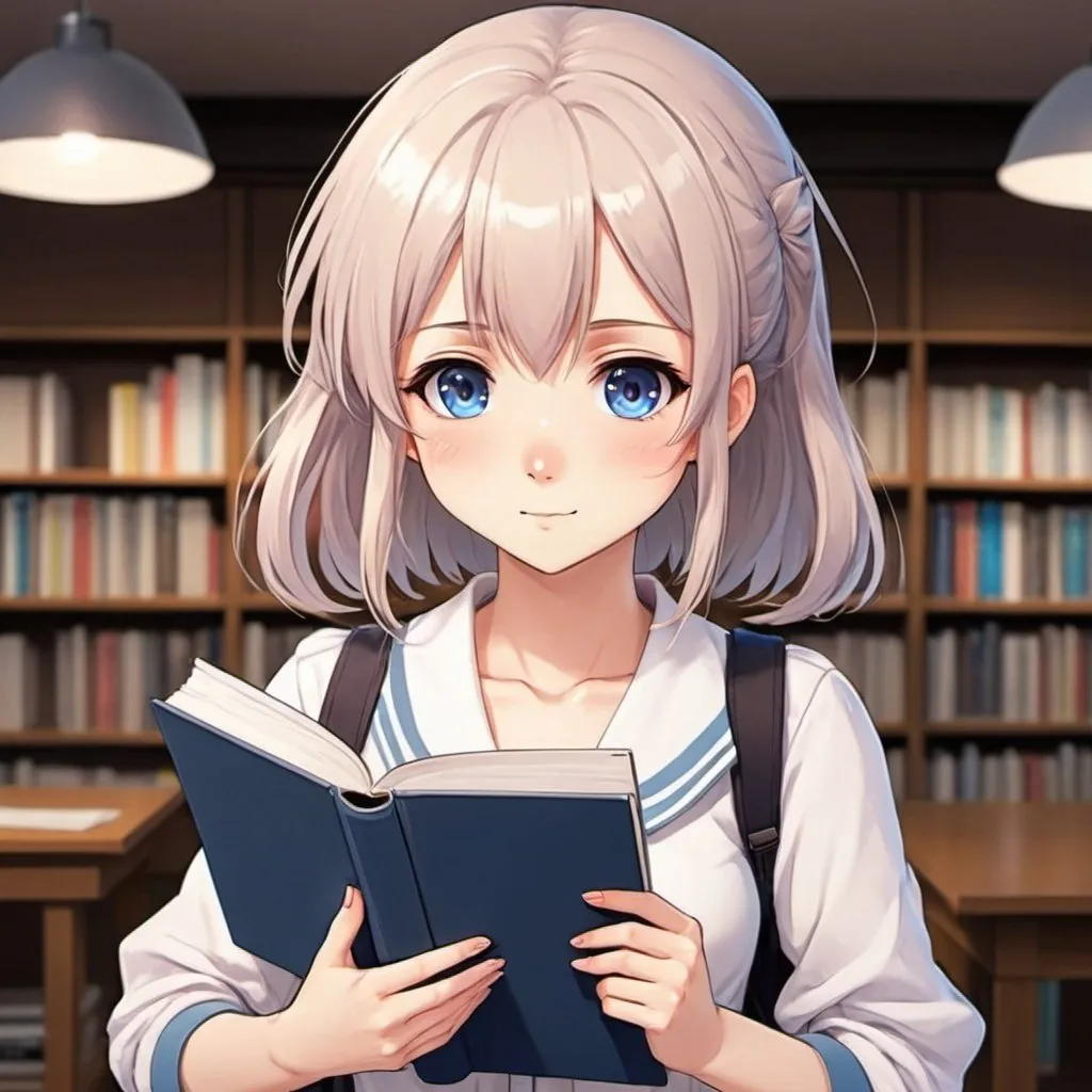 Prompt: A cute anime girl holding a book for notebook cover