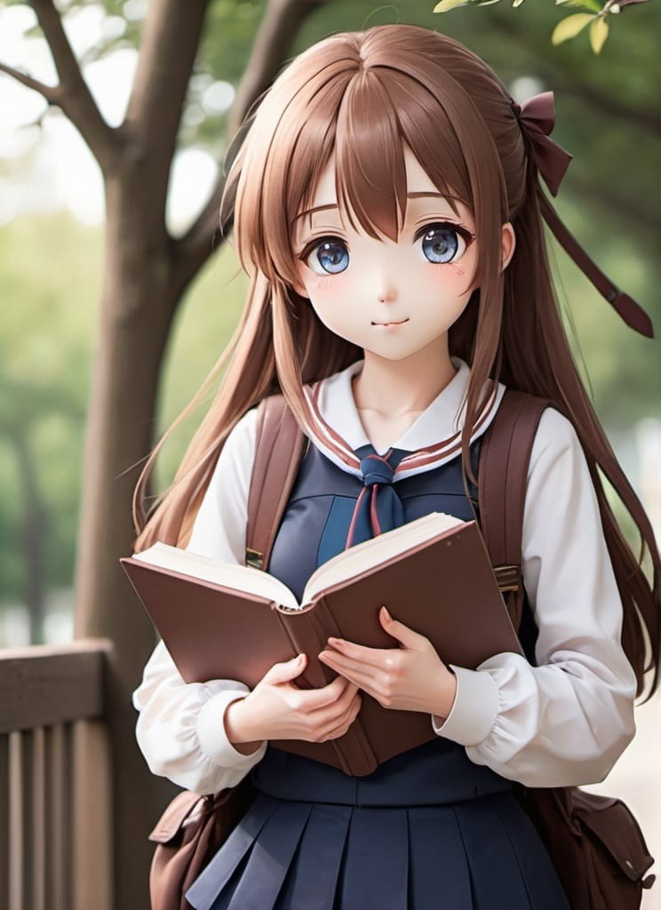 Prompt: A cute girl anime holding a book for notebook cover