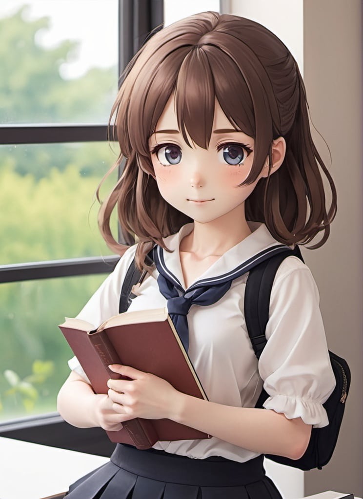 Prompt: A cute girl anime holding a book for notebook cover