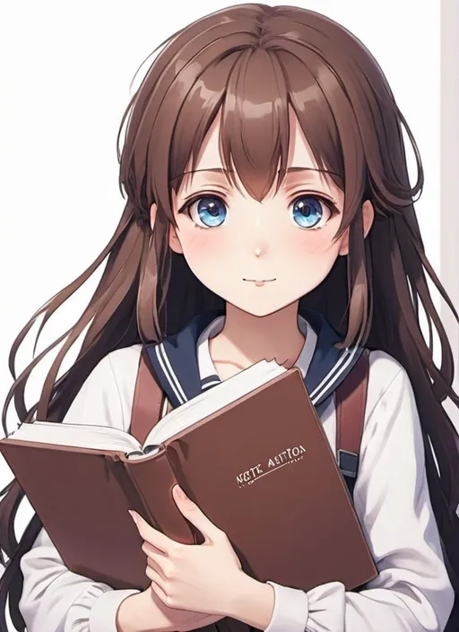 Prompt: A cute girl anime holding a book for notebook cover