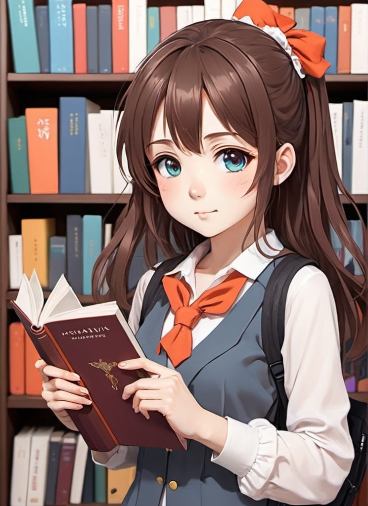 Prompt: A cute girl anime holding a book for notebook cover