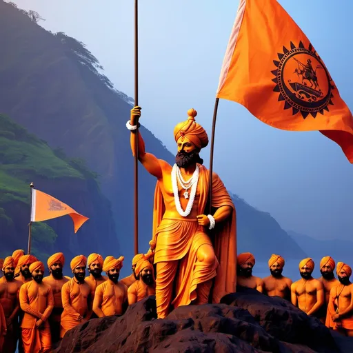 Prompt: Chatrapati Shivaji maharaj with victorious flag , heroic aura , scenic beauty
