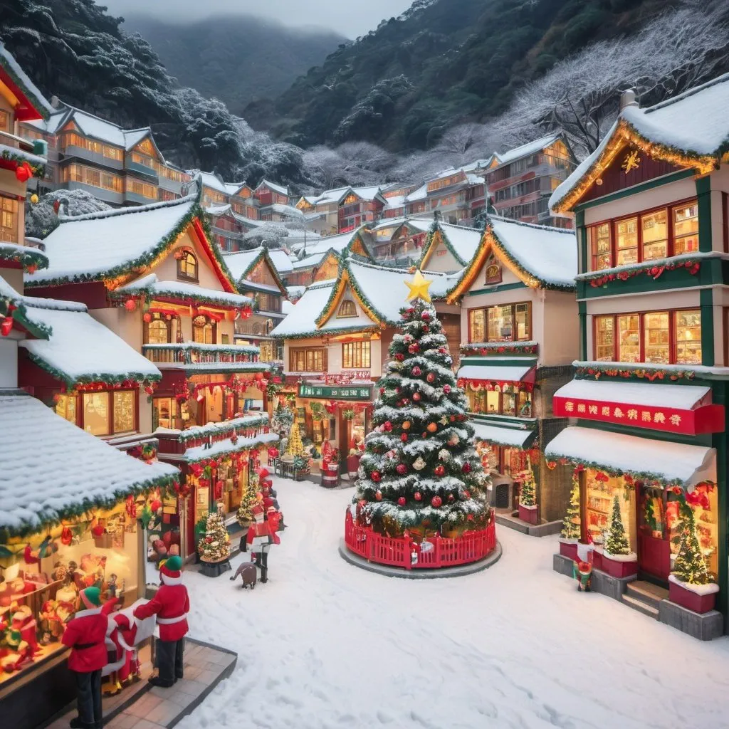 Prompt: Snowy Christmas village in Hong Kong, festive decorations, detailed Christmas tree, cozy winter scene, snowy day, traditional village, high quality, snowy, detailed decorations, festive, winter, cozy atmosphere, Christmas, Hong Kong, village, traditional, snowy day, detailed Christmas tree, festive decorations, cozy winter scene