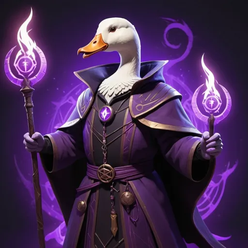 Prompt: Disney-style illustration of a goose warlock wearing warlock outfit and a demonic staff, villian, evil library background, glowing purple runes, octane render