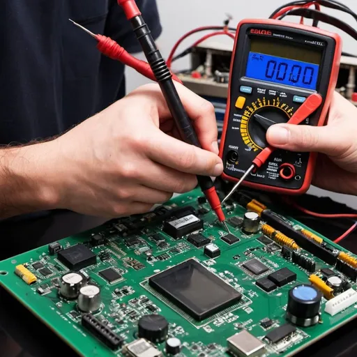 Prompt: i want a picture with electronics repair, measuringing with a multimeter or soldering on a pcb