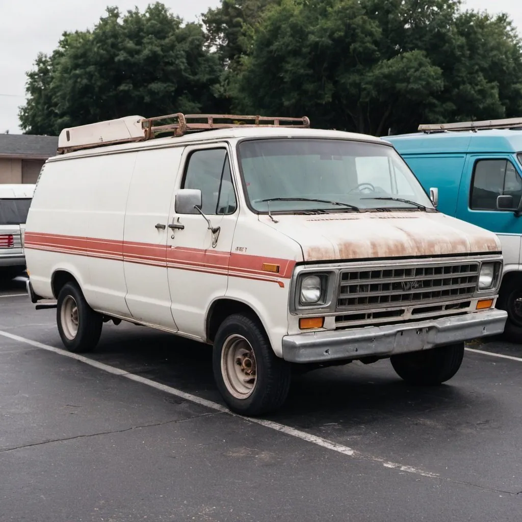 Prompt: an old 80's style cargo van parked in a parking lot 

