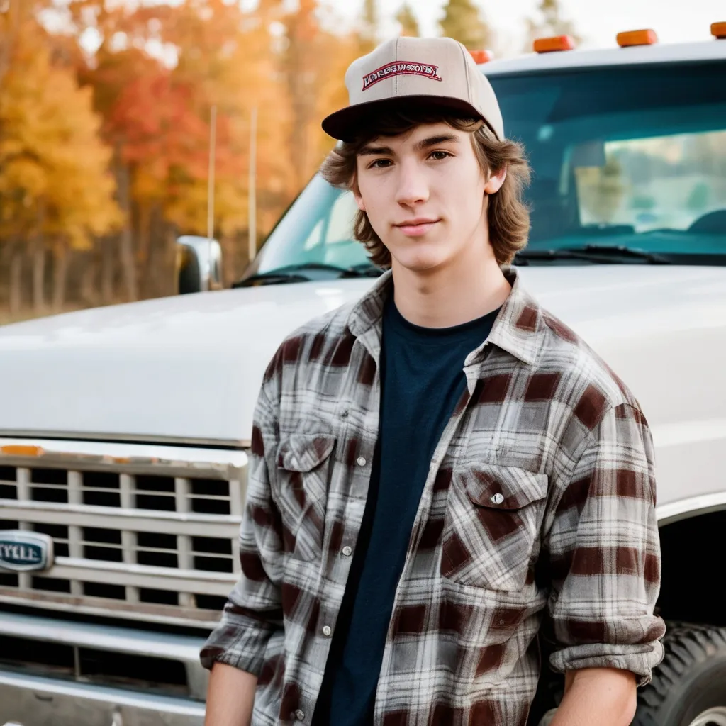 Prompt: Tall young man with a short mullet, wearing a flannel and hat posing in front of a truck for senior photos.