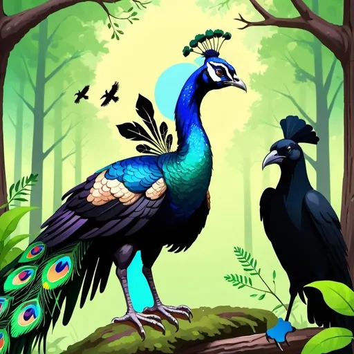 Prompt: The proud peacock looking down at a sad crow with dark feathers. The forest background can show a mix of greenery and other forest elements.